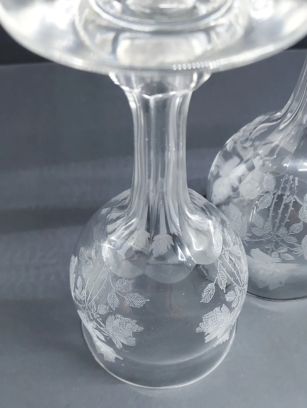 Rare Vintage Etched Rose Hollow Stem Wine Goblets Set of 2